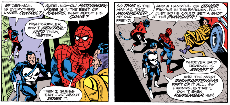 Nightcrawler, the Punisher, and Spider-Man apprehending Jigsaw in The Amazing Spider-Man #162.